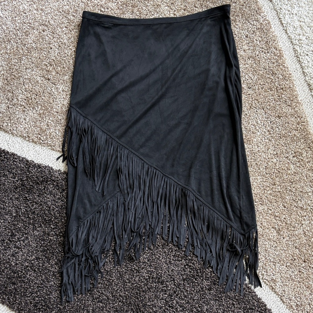 Kensie Black Asymmetrical Fringe Skirt